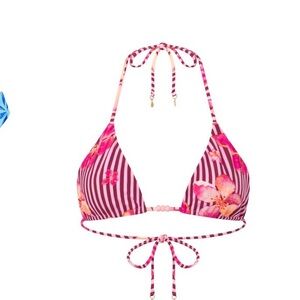 Leni swim reversible, pinstripe, and pinstripe with floral pattern, bikini pink